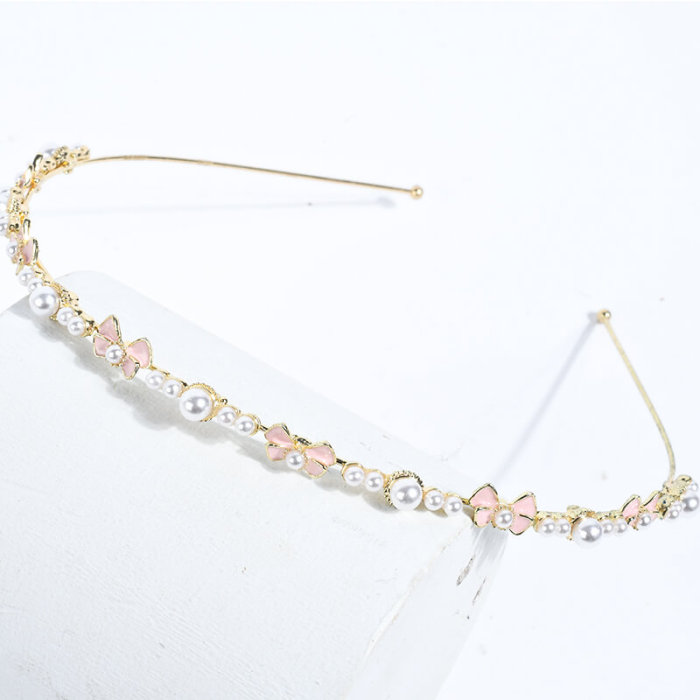 Metallic Bow with Pearl Headband for Women Girls-Gold
