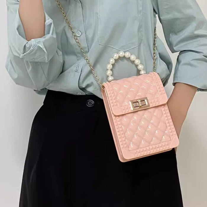 Pearl Chain Jelly Handbag Simple Top-Handle Bag
