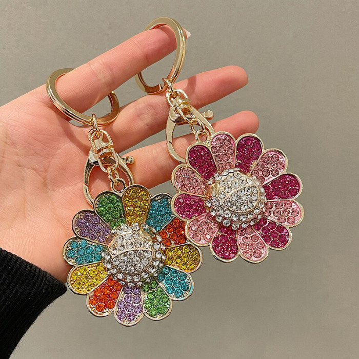 Rhinestone-Encrusted Sunflower Metal Keychain