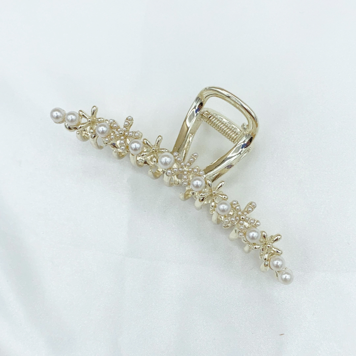 Gold Metal Pearl Flower Hair Claw Clip
