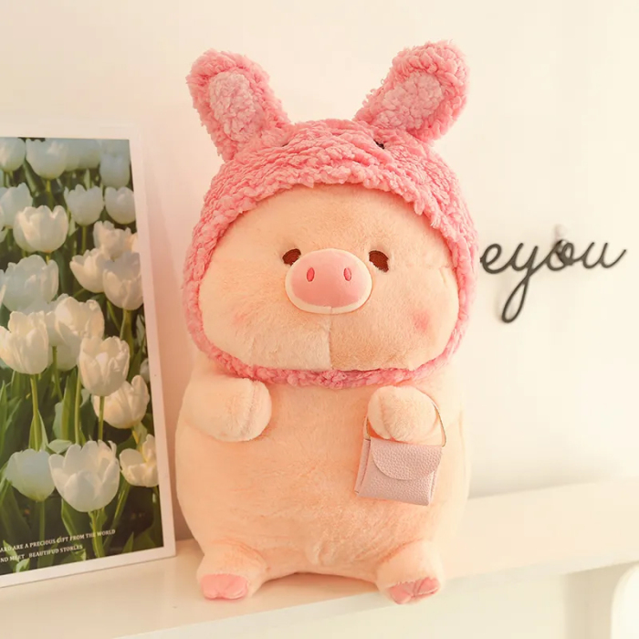 Pig Plushie with Bunny Hat and Handbag 11.8 Inches