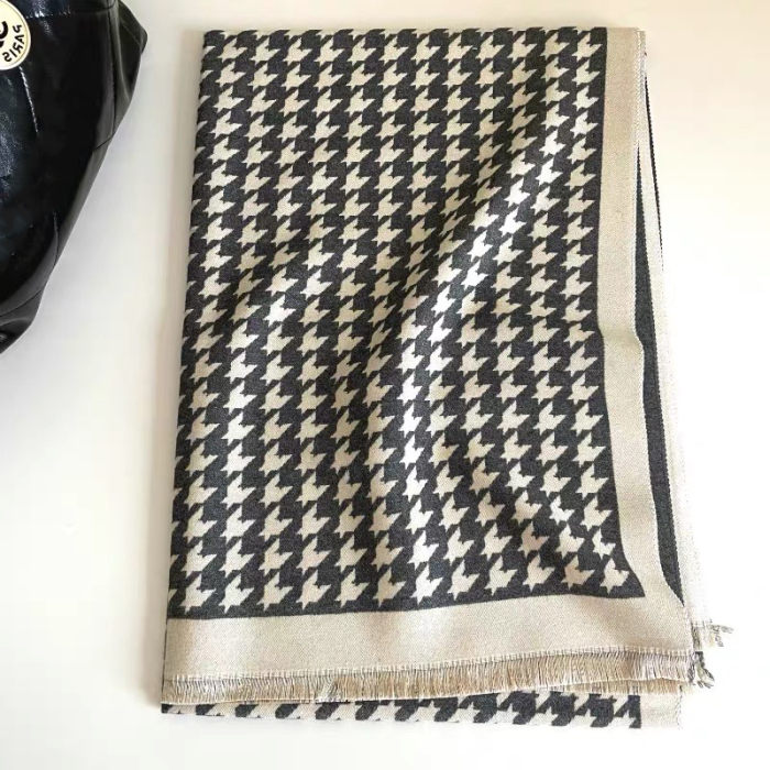 Winter Faux Cashmere Fringed Houndstooth Oversized Shawl Scarf