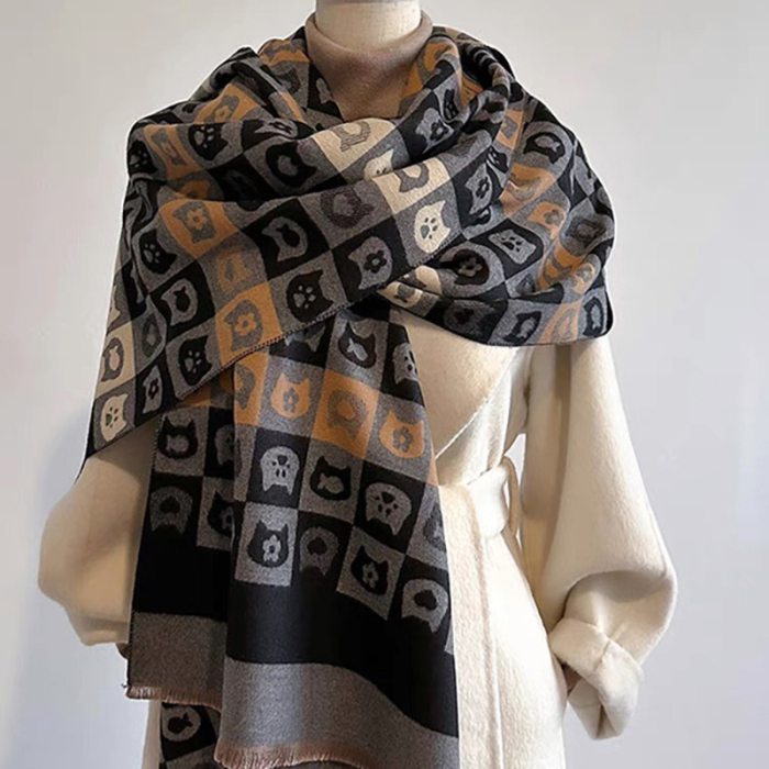 Women Winter Scarf Kitten Patterned Large Shawl
