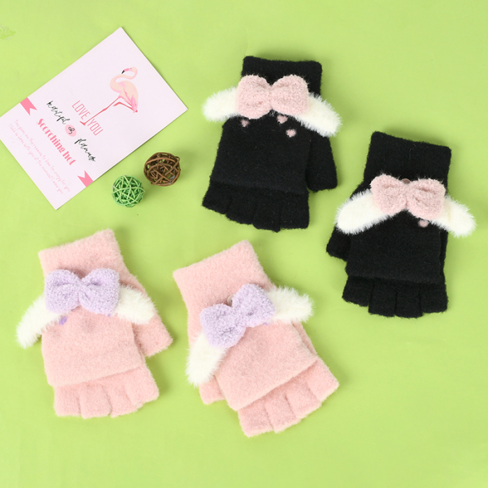 Winter Bow Women's Half Finger Gloves with Flip Top
