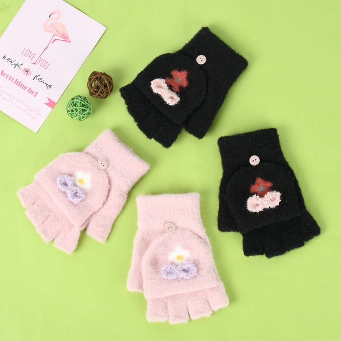 Winter Warm Flower Kids Flip Top Half Finger Gloves