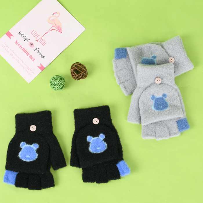 Bear Warm Kids Half Finger Gloves for Winter